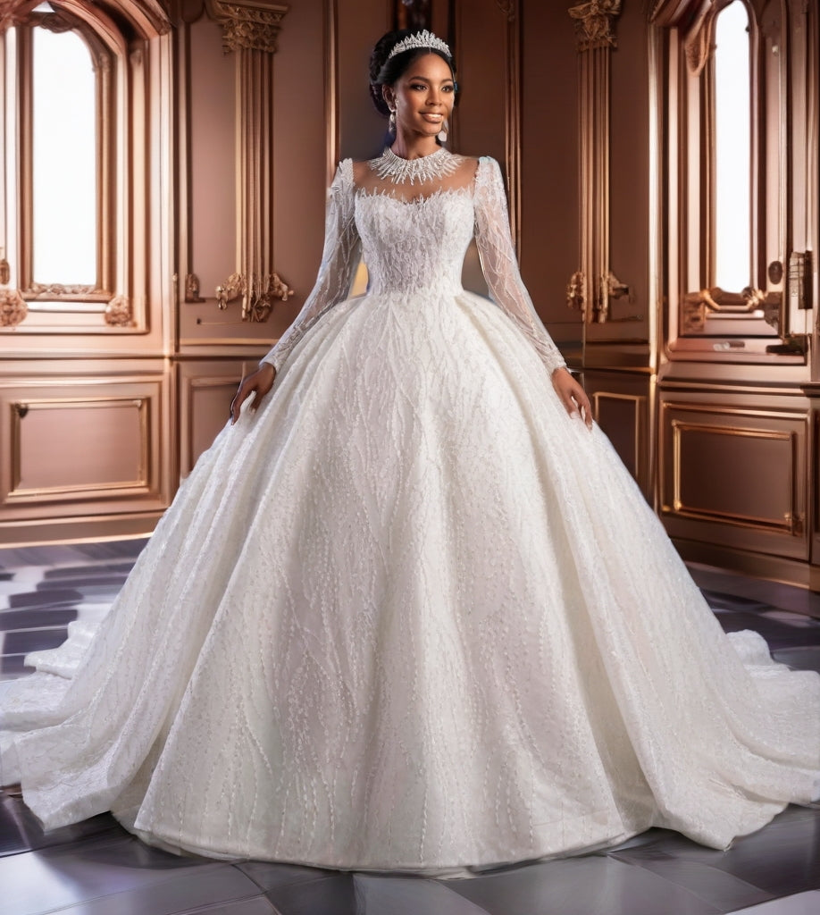 Crystal High Neck Ball Gown – Plus Size Wedding Dress with Long Sleeves & Cathedral Train