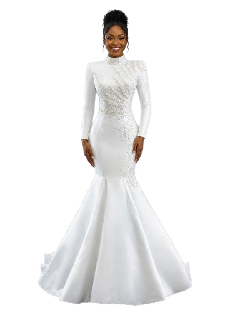 High Neck Long Sleeve Mermaid Wedding Gown with Detachable Cathedral Overskirt