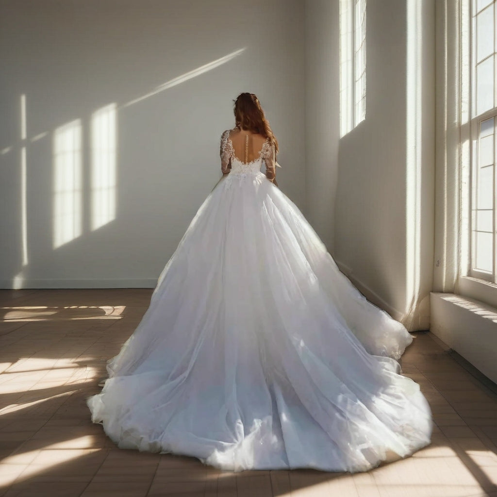 Sheer Lace Long Sleeve Ball Gown Plus Size Wedding Dress