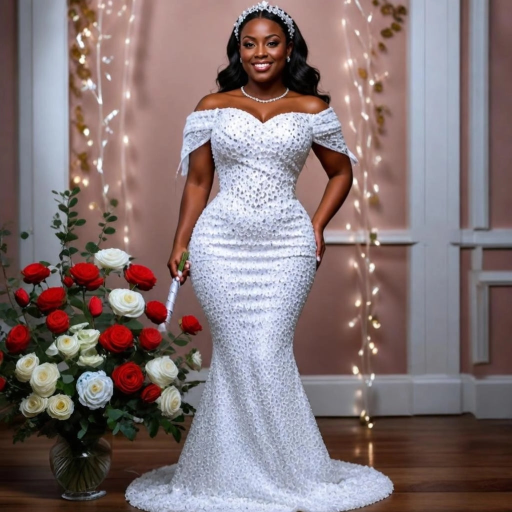 Off-Shoulder Plus Size Wedding Gown with Detachable Train