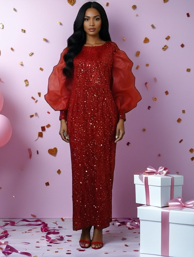 Elegant Red Maxi Sequin Dress with Ruffled Sleeves