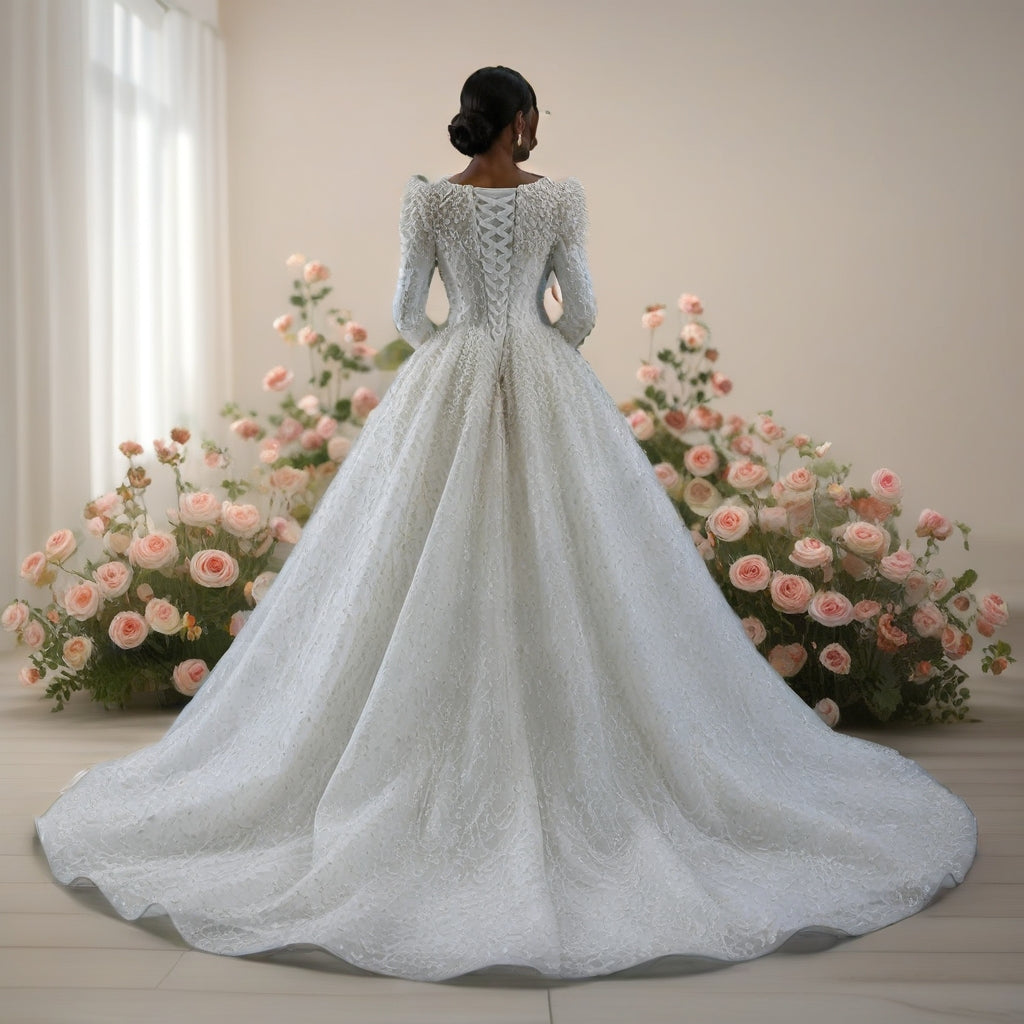 Luxury Pearl Beaded White Sheath Ball Gown Vintage Royal Wedding Dress