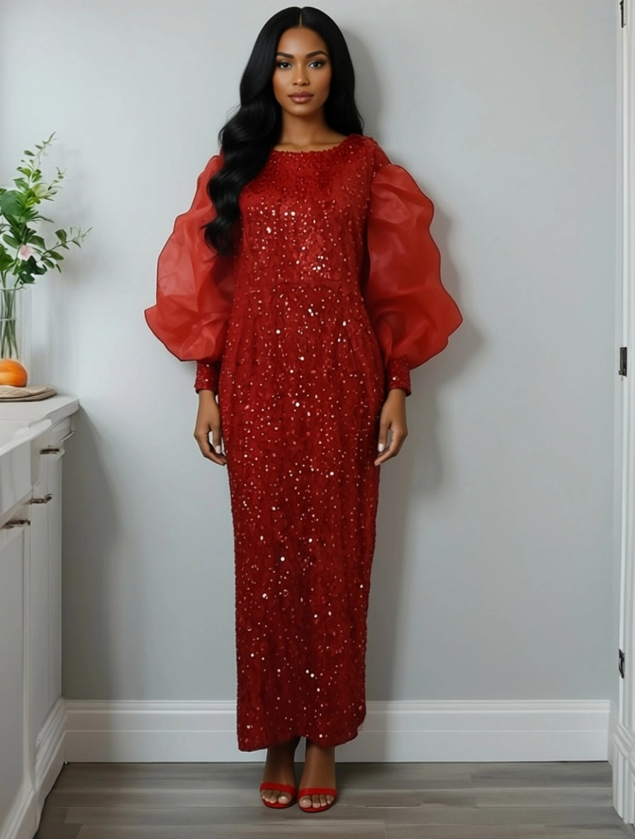 Elegant Red Maxi Sequin Dress with Ruffled Sleeves